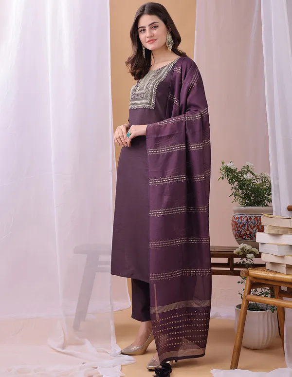 Hritika_Wine_Silk__Embroidered_Round_Neck_Kurta_With_Trousers_&_Dupatta