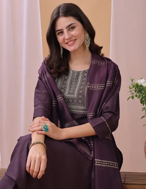 Hritika_Wine_Silk__Embroidered_Round_Neck_Kurta_With_Trousers_&_Dupatta