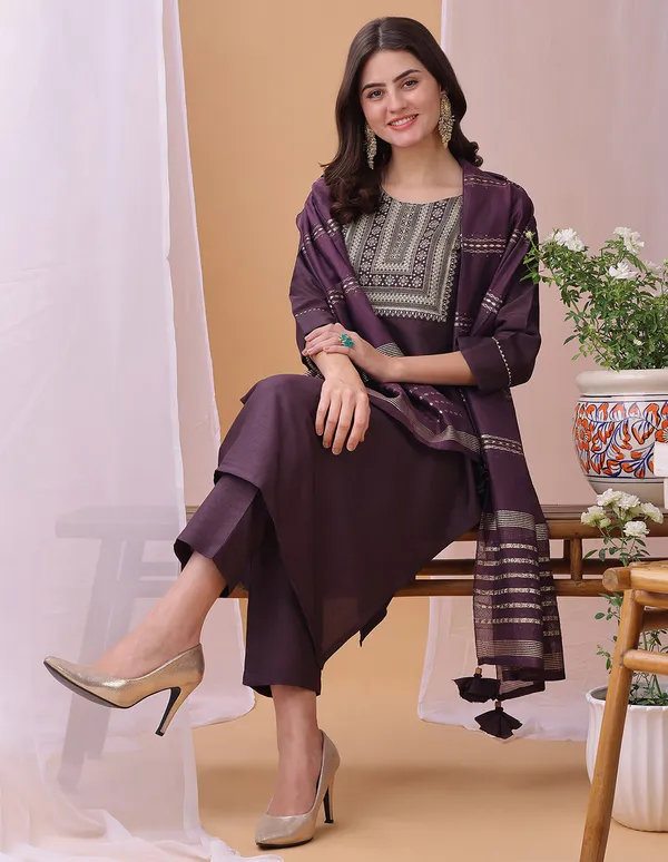 Hritika_Wine_Silk__Embroidered_Round_Neck_Kurta_With_Trousers_&_Dupatta
