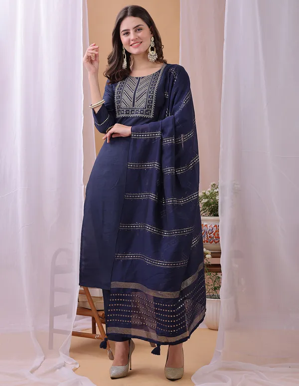 Hritika_Navy_Blue_Silk__Embroidered_Round_Neck_Kurta_With_Trousers_&_Dupatta
