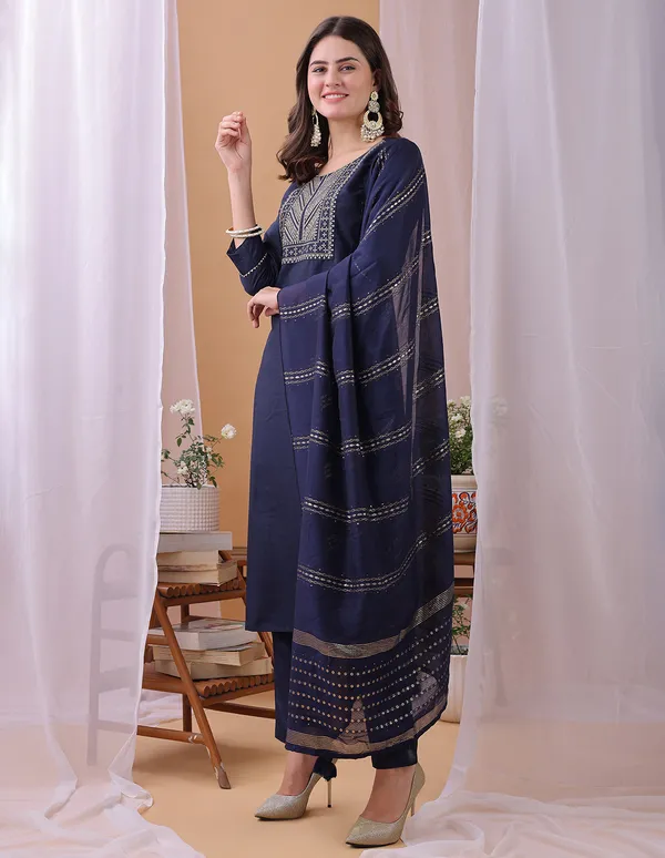 Hritika_Navy_Blue_Silk__Embroidered_Round_Neck_Kurta_With_Trousers_&_Dupatta