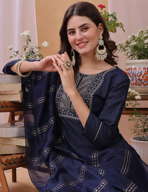 Hritika_Navy_Blue_Silk__Embroidered_Round_Neck_Kurta_With_Trousers_&_Dupatta