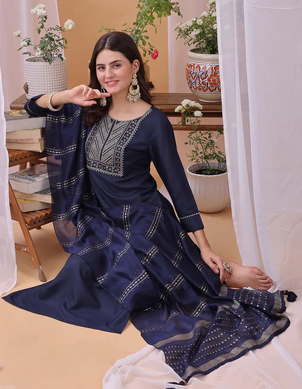 Hritika_Navy_Blue_Silk__Embroidered_Round_Neck_Kurta_With_Trousers_&_Dupatta