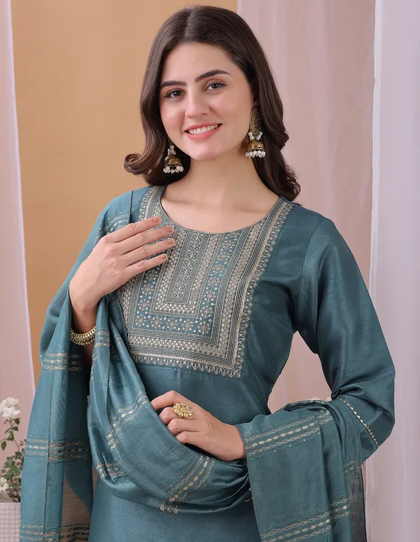 Hritika_Turquoise_Silk__Embroidered_Round_Neck_Kurta_With_Trousers_&_Dupatta