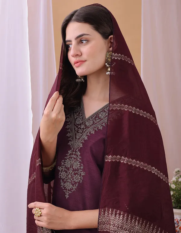 Hritika_Wine_Silk__Zari_Embroidered_Kurta_With_Trouser_&_Dupatta_Set