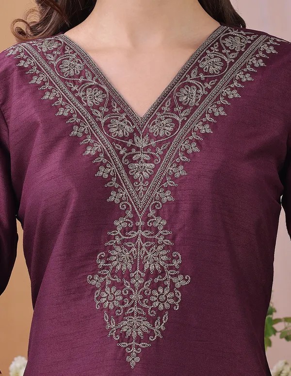 Hritika_Wine_Silk__Zari_Embroidered_Kurta_With_Trouser_&_Dupatta_Set
