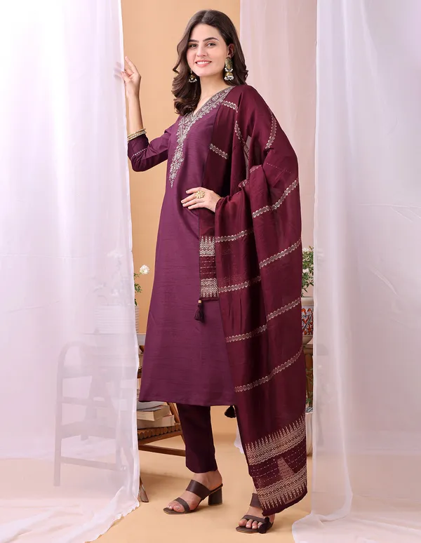 Hritika_Wine_Silk__Zari_Embroidered_Kurta_With_Trouser_&_Dupatta_Set