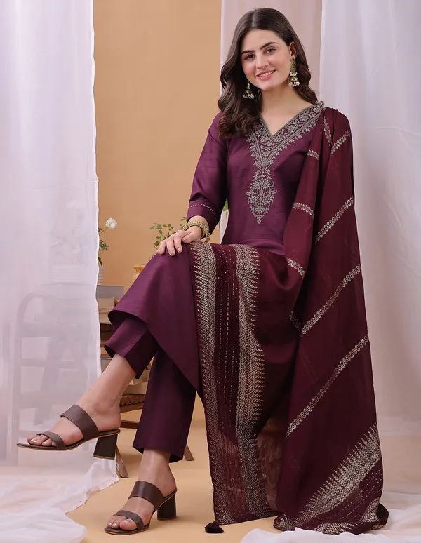Hritika_Wine_Silk__Zari_Embroidered_Kurta_With_Trouser_&_Dupatta_Set