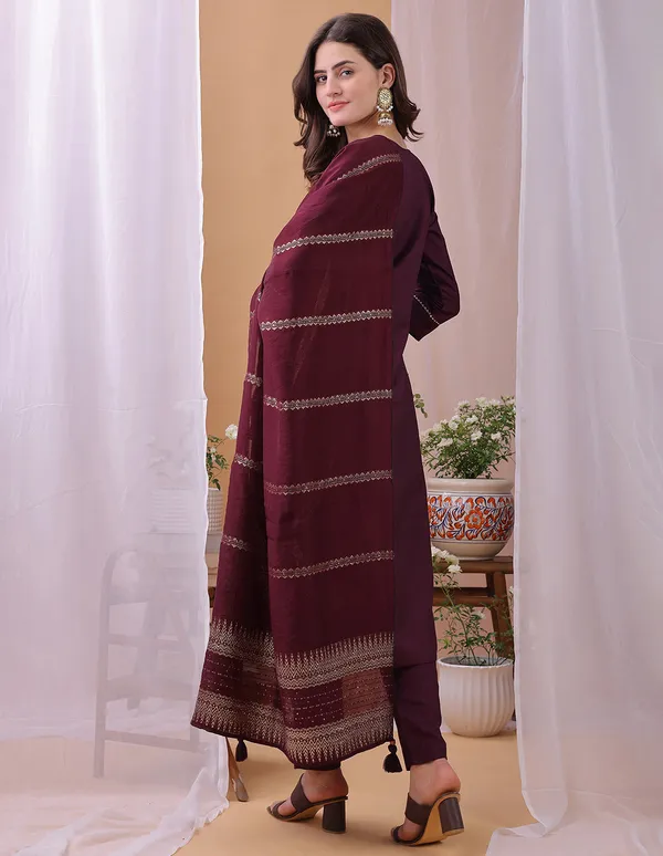 Hritika_Wine_Silk__Zari_Embroidered_Kurta_With_Trouser_&_Dupatta_Set