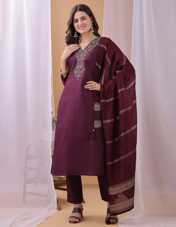 Hritika_Wine_Silk__Zari_Embroidered_Kurta_With_Trouser_&_Dupatta_Set