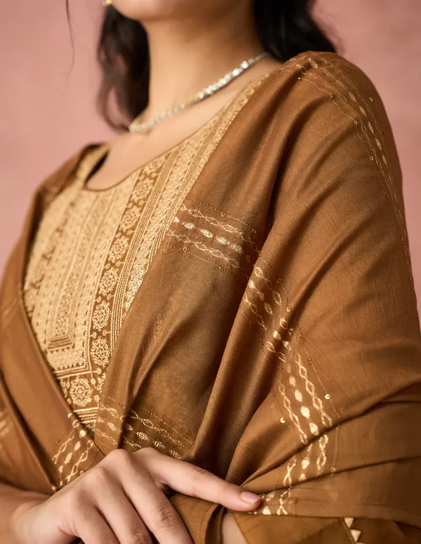 Hritika_Brown_Silk__Embroidered_Round_Neck_Kurta_With_Trousers_&_Dupatta