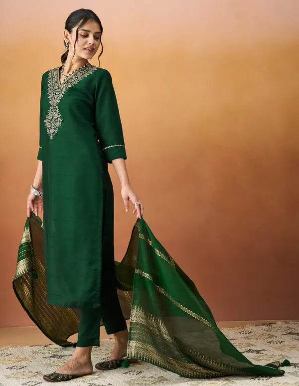 Hritika_Dark_Green_Silk__Zari_Embroidered_Kurta_With_Trouser_&_Dupatta_Set
