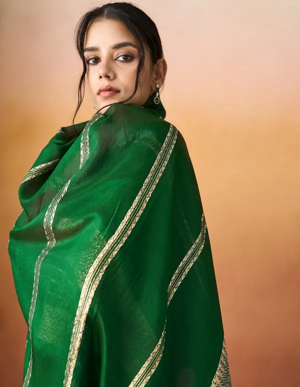 Hritika_Dark_Green_Silk__Zari_Embroidered_Kurta_With_Trouser_&_Dupatta_Set