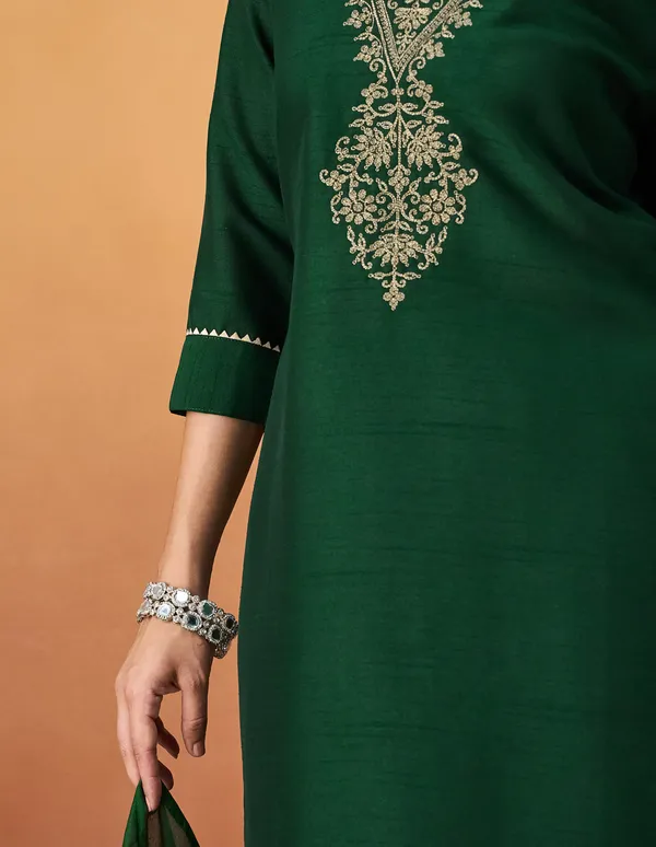Hritika_Dark_Green_Silk__Zari_Embroidered_Kurta_With_Trouser_&_Dupatta_Set
