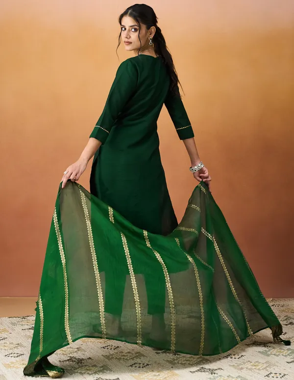 Hritika_Dark_Green_Silk__Zari_Embroidered_Kurta_With_Trouser_&_Dupatta_Set