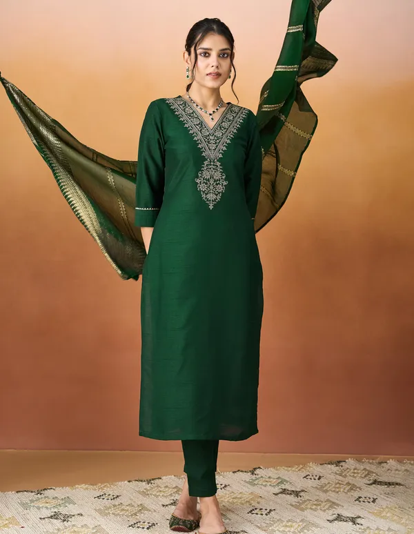 Hritika_Dark_Green_Silk__Zari_Embroidered_Kurta_With_Trouser_&_Dupatta_Set