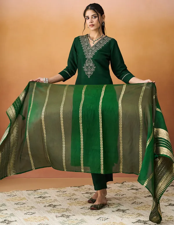 Hritika_Dark_Green_Silk__Zari_Embroidered_Kurta_With_Trouser_&_Dupatta_Set