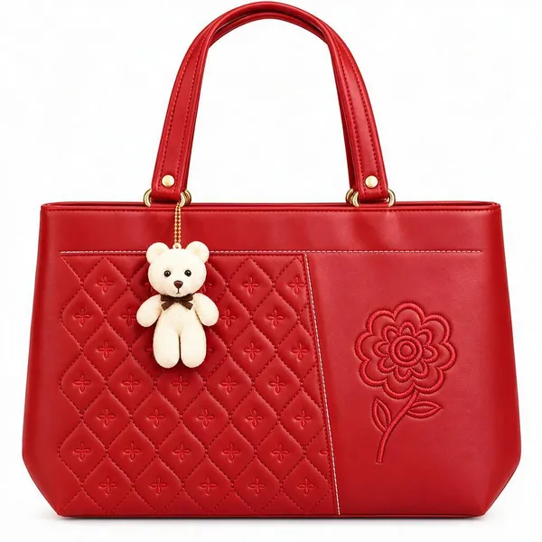 Red_Faux_Leather_Quilted_Tote_Handbag_For_Women
