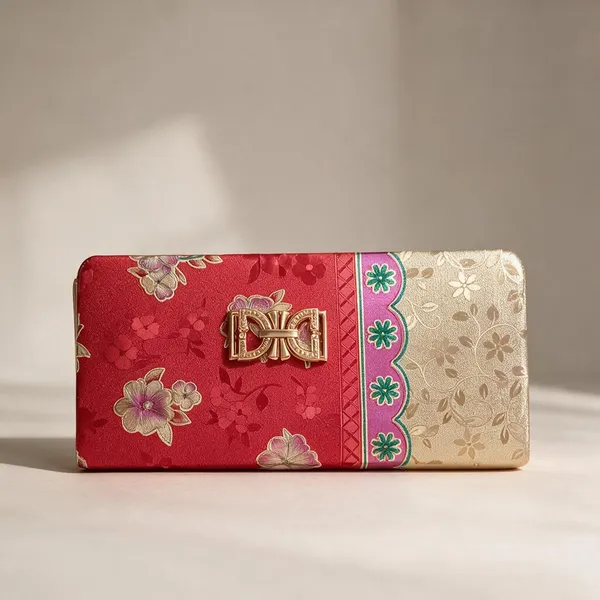 Red_Fabric_Floral_Print_Clutch_Wallet_For_Women