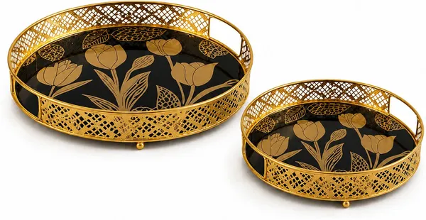 Glass_Elegant_Floral_Circular_Gold_Frame_Serving_Tray_Set