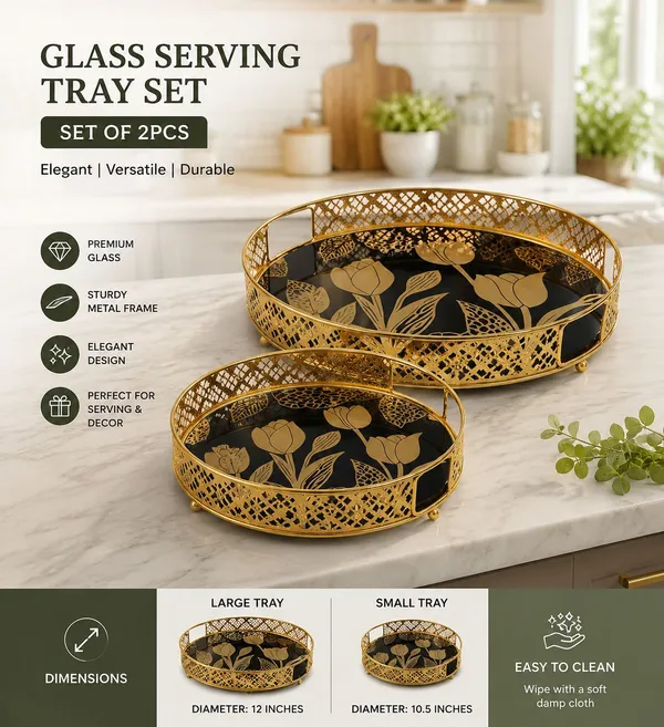 Glass_Elegant_Floral_Circular_Gold_Frame_Serving_Tray_Set
