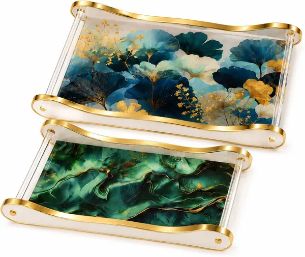Glass_Elegant_Floral_Rectangular_Gold_Frame_Serving_Tray_Set