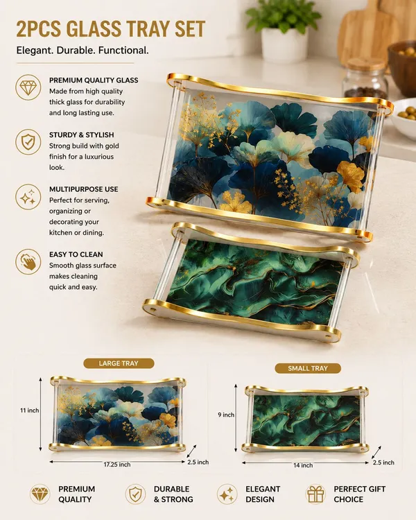 Glass_Elegant_Floral_Rectangular_Gold_Frame_Serving_Tray_Set