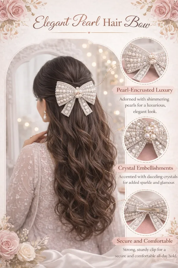White_Metal_Alloy_Pearl_Embellished_Hair_Bow_Clip_For_Girls
