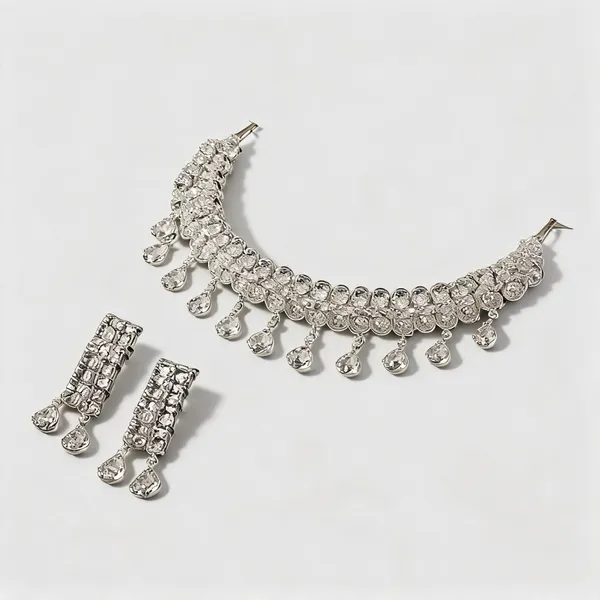 White_Zinc_Alloy_Rhinestone_Necklace_And_Earring_Set_For_Girls