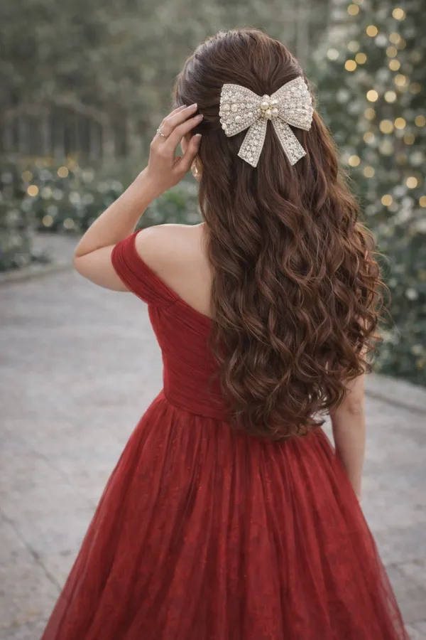 White_Metal_Alloy_Pearl_Embellished_Hair_Bow_Clip_For_Girls