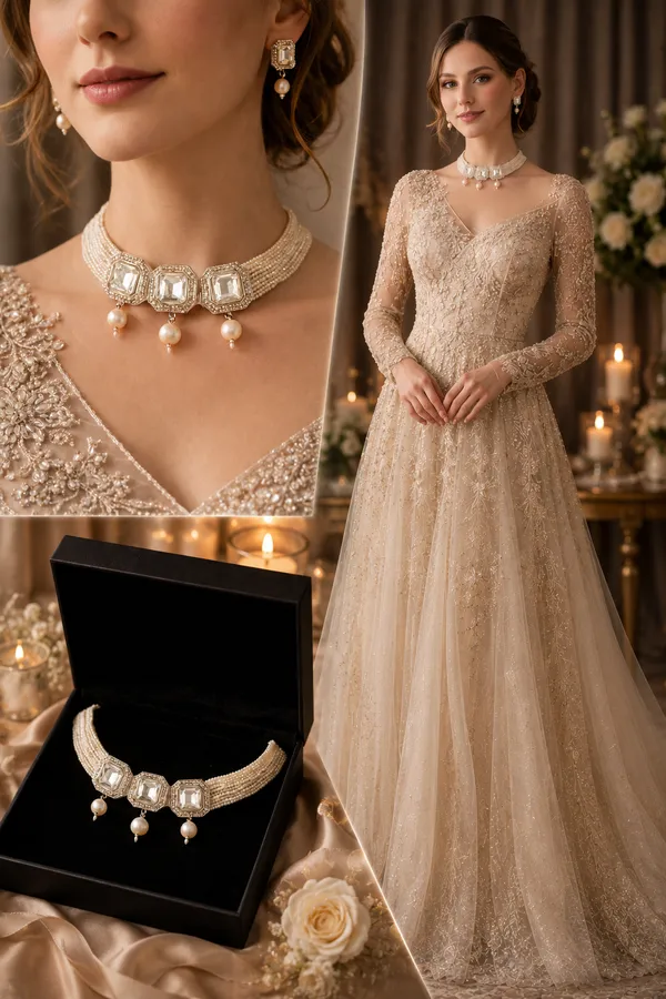 White_Alloy_Pearl_Embellished_Choker_Necklace_For_Girls