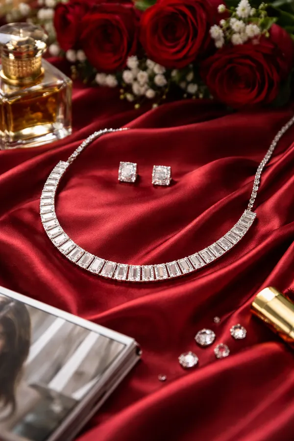 Silver_Zinc_Alloy_Crystal_Necklace_And_Earring_Set_For_Girls