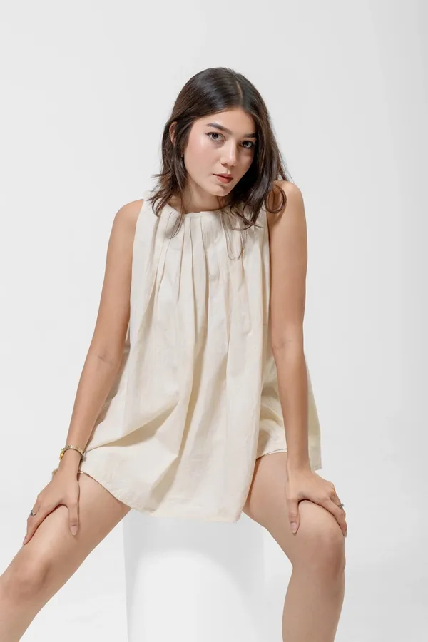 Khaki_Khadi_Cotton_Gathered_Sleeveless_Top_For_Women