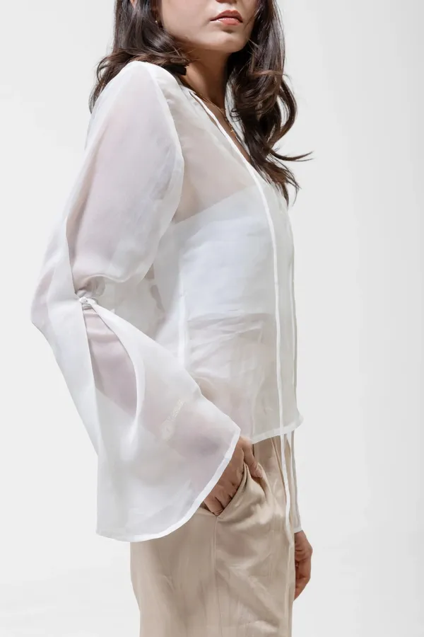 White_Organza_Collarless_Cropped_Overshirt_For_Women
