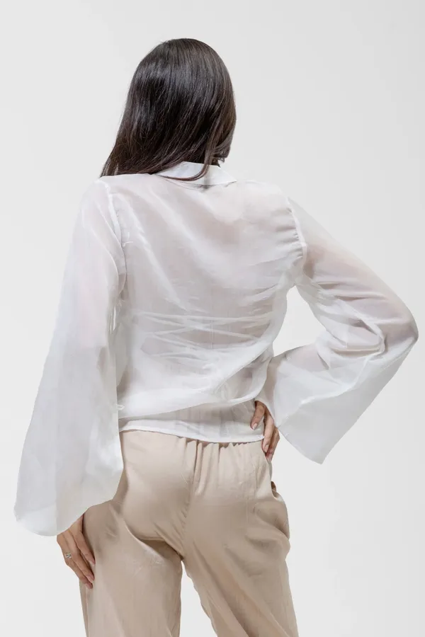 White_Organza_Collarless_Cropped_Overshirt_For_Women