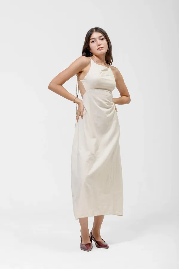 Beige_Khadi_Cotton_Open_Back_Halter_Midi_Dress_For_Women