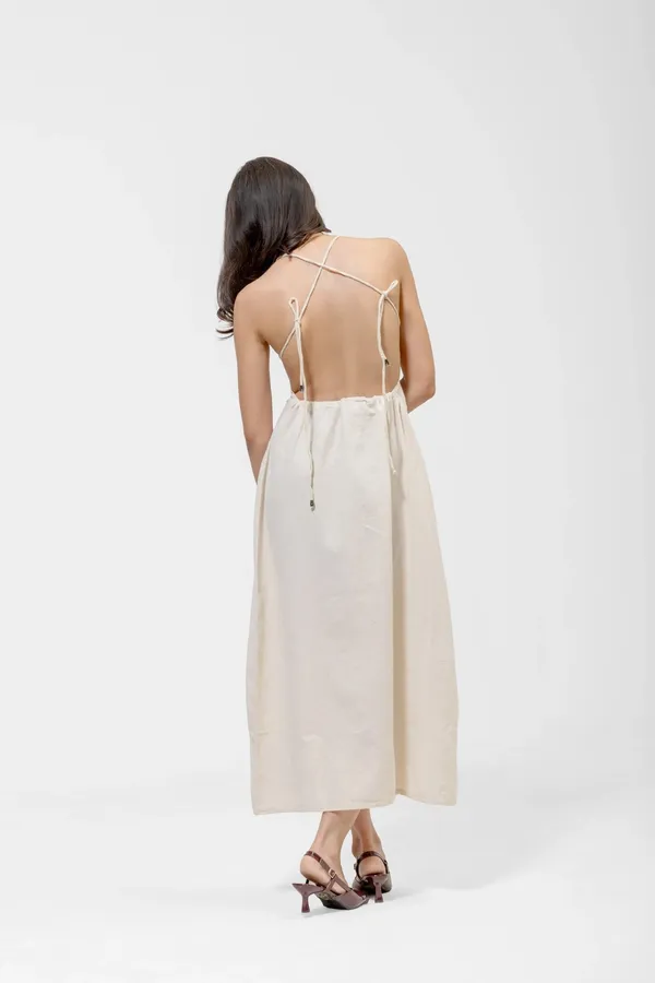 Beige_Khadi_Cotton_Open_Back_Halter_Midi_Dress_For_Women