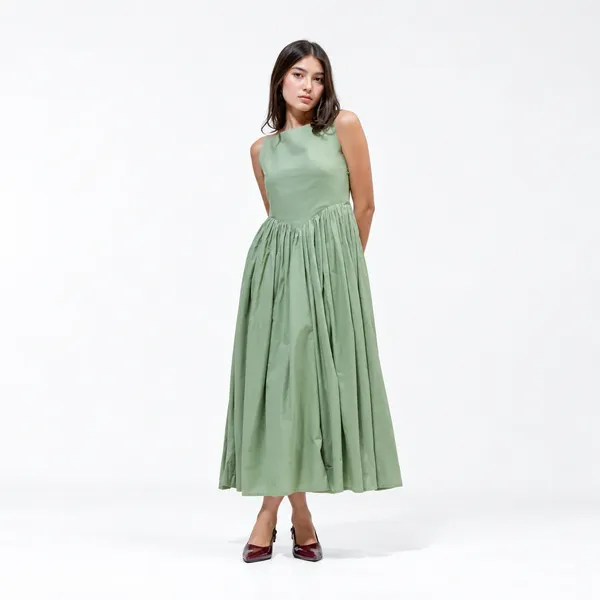 Olive_Mull_Cotton_Square_Neck_Pleated_Midi_Dress_For_Women