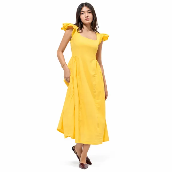 Yellow_Mull_Cotton_Flutter_Sleeve_A-Line_Midi_Dress_For_Women