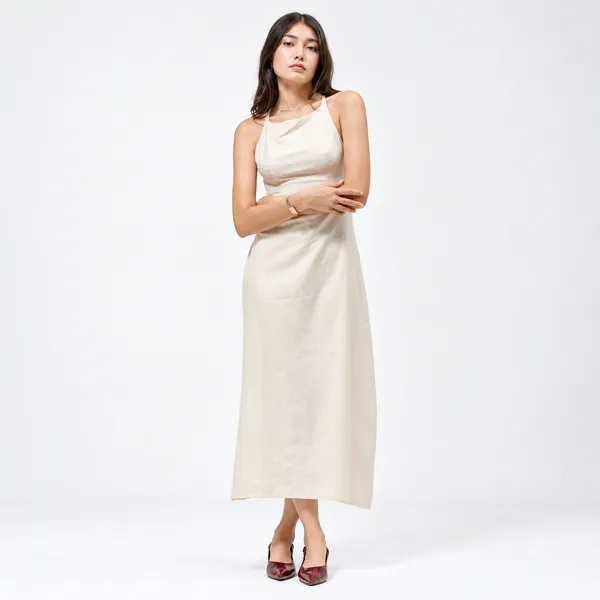 Beige_Khadi_Cotton_Open_Back_Halter_Midi_Dress_For_Women