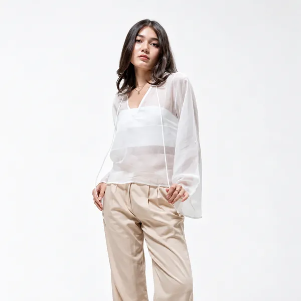 White_Organza_Collarless_Cropped_Overshirt_For_Women