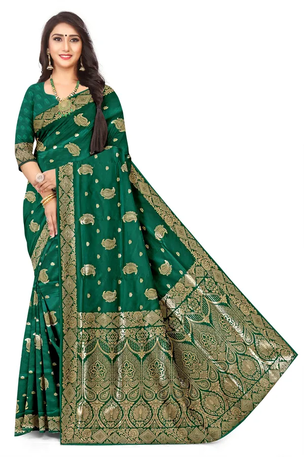 Premium_Green_Banarasi_Jacquard_Silk_Saree_With_Rich_Golden_Zari_Woven_Border_Designer_Pallu_Default_Title