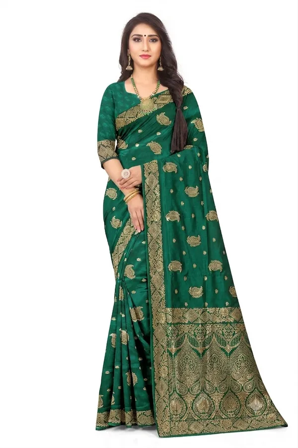 Premium_Green_Banarasi_Jacquard_Silk_Saree_With_Rich_Golden_Zari_Woven_Border_Designer_Pallu_Default_Title