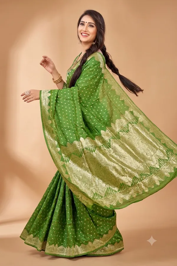 Premium_Mahendi_Green_Banarasi_Jacquard_Silk_Saree_With_Rich_Golden_Zari_Woven_Border_Designer_Pallu_Default_Title