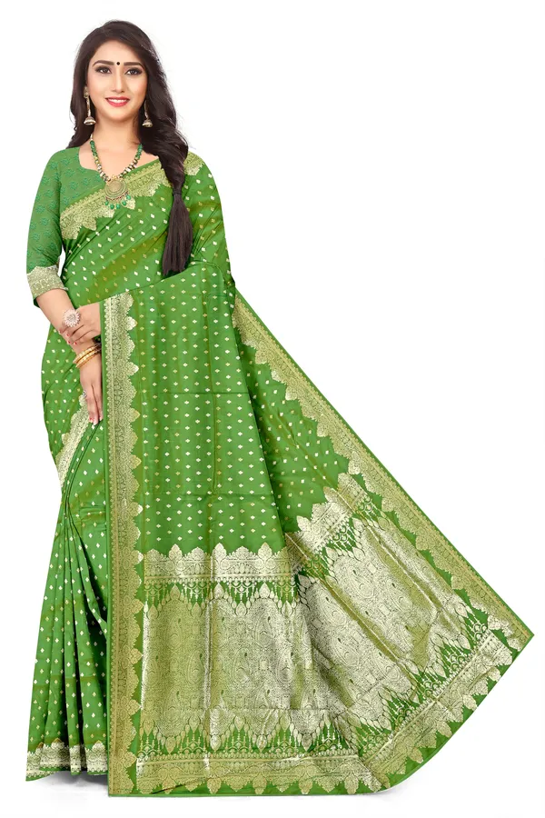 Premium_Mahendi_Green_Banarasi_Jacquard_Silk_Saree_With_Rich_Golden_Zari_Woven_Border_Designer_Pallu_Default_Title