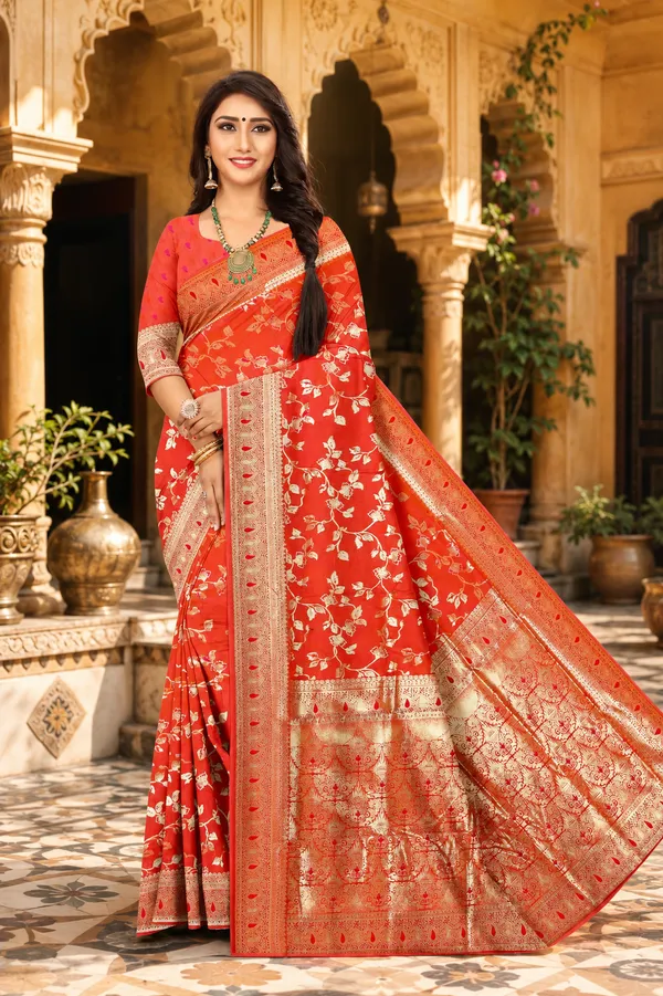 Designer_Orange_Flower_Jall_Motif_Jacquard_Saree_Default_Title