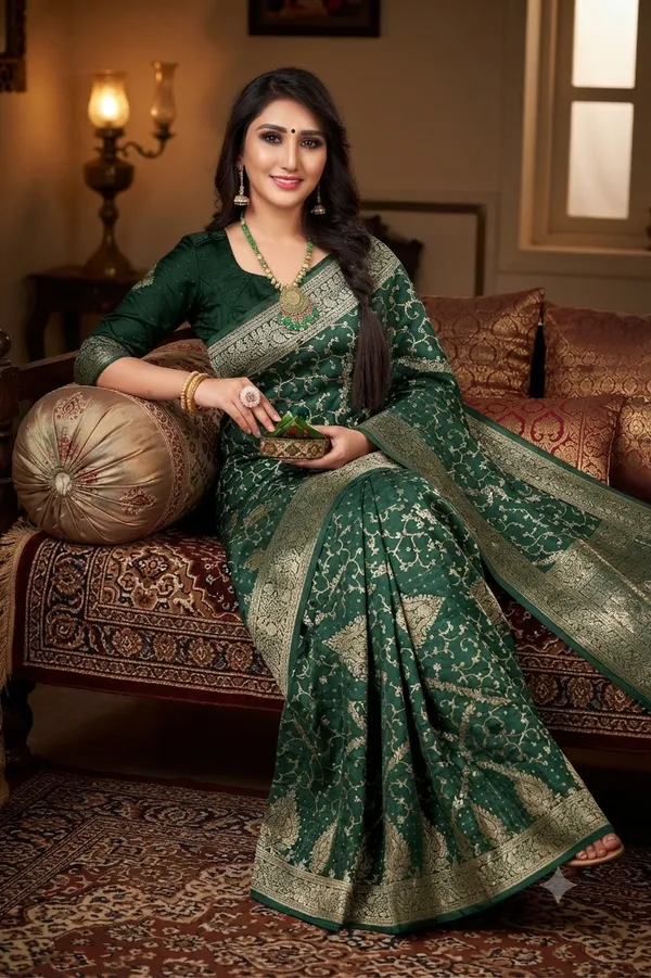 South_Indian_Style_Temple_Border_Dark_Green_Jacquard_Saree_Default_Title