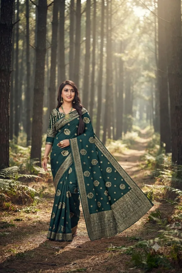 Dark_Green_Viscose_Satin_Banarasi_Jacquard_Saree_For_Wedding_Party_Wear_Default_Title