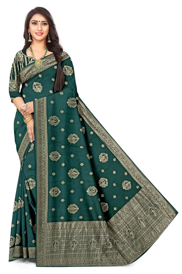 Dark_Green_Viscose_Satin_Banarasi_Jacquard_Saree_For_Wedding_Party_Wear_Default_Title