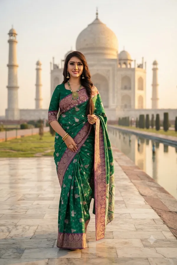 Rich_Pattern_Woven_Paisley_Dark_Green_With_Jaal_Jacquard_Silk_Saree_Default_Title
